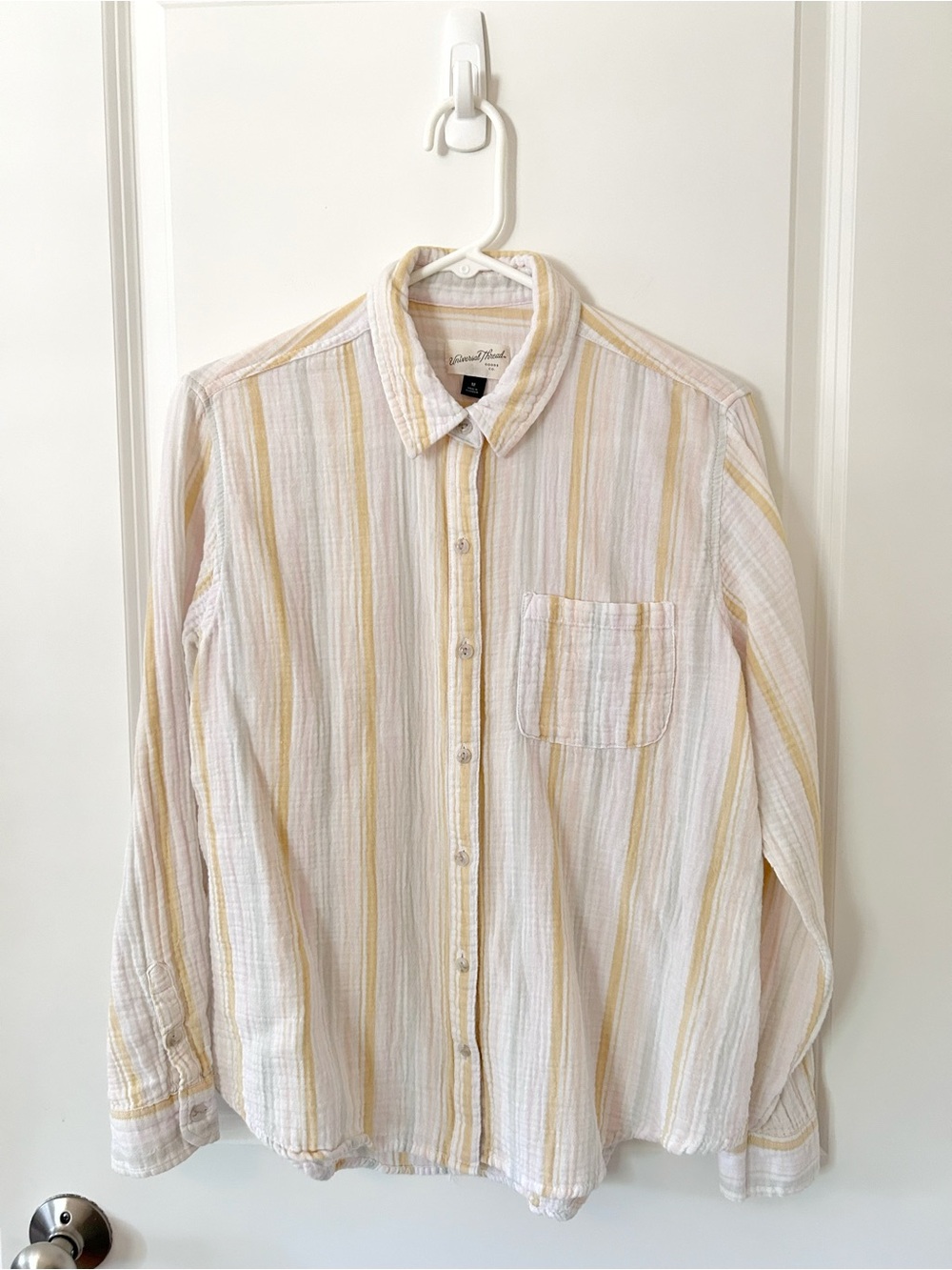 Universal Thread Women's 100% Cotton Cream and Yellow Stripe Button-Down Shirt